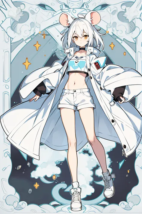 2D Beautiful Girl，Mouse ears，White color hair，two tone color hair，Crop tops，The character is in the center of the frame，Full body like，Bare legged，Stand naturally，Heteropupil，leg loops，a warm color palette，wind coat