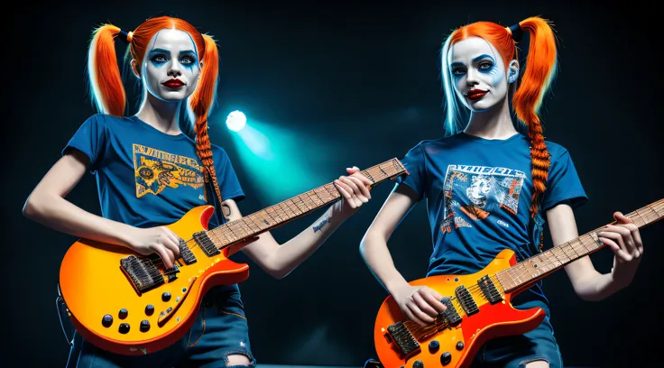 Harley Quinn with long auburn colored hair --- Sun tattoo on the shoulder--- wearing a orange  and Yellow TSHIRT--- playing a blue perfect  ELECTRIC GUITAR on the stage in a concert, dramatic lighting,, blue metal guitar, strat style guitar, , cute face, b...