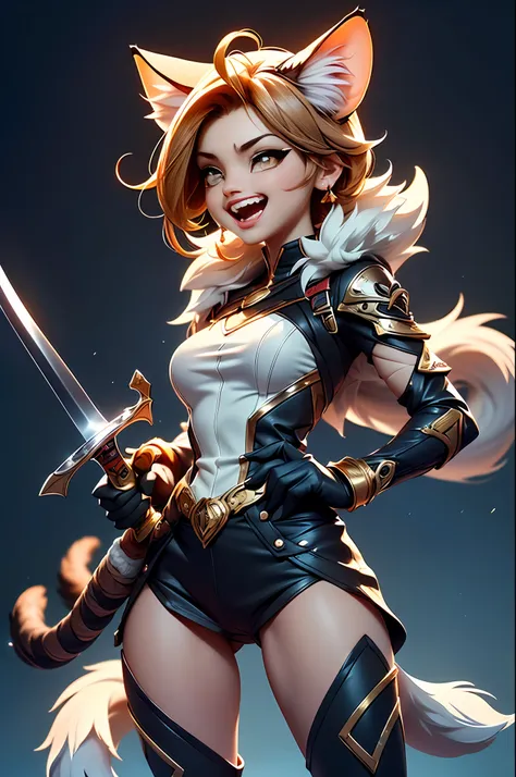 Wide-angle panorama，fully body photo，(Woman face without clothes:1.5), (Cute image standing all over the body:1.5), (Cat-like furry body and cats paws:1.5), ((Holding a heavy sword in his hand:1.2)), (Cute), ( anime styled 3d:1.5),Superskirt, Bandage under...