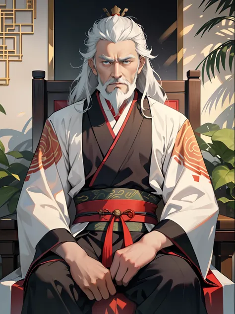 Best quality, Masterpiece, 超高分辨率, Emperor of China，dressed white hanfu，Asian people，age 55，Fei Xiang，Square face，Deep eyes，Beard，sitting on an royal throne，Look at the camera condescendingly，Behind it is a gorgeous pattern