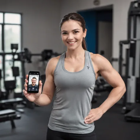 Capture the infectious positivity of a personal trainer in a gym, smiling as they show the smartphone screen towards the camera. Depict the trainers friendly demeanor and confident posture, engaging with both the viewer and an unseen client. Employ soft, f...