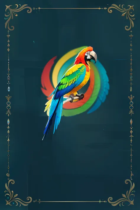 "Obra maestra de colores brillantes: Ethereal macaw with multicolored plumage perched on a striking object. Dynamic scenery with beautiful details and movement. Stunning animated background in high resolution."