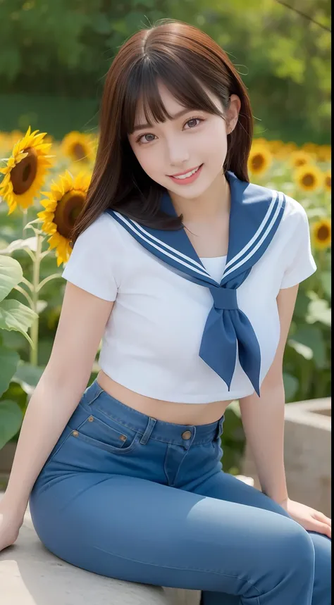 A smiling girl，Wear a tight sailor suit，denim pant，sitting on a large stone，There are a lot of sunflowers around，com rosto detalhado，The eyes are delicate，The photo quality is the best，Realistic image quality，Background diffuse lighting，Depth of field disp...