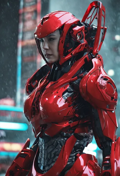 A female robot，Red lacquered metal armor，Raised sexy，Large raised breasts，Asian faces，up front view;