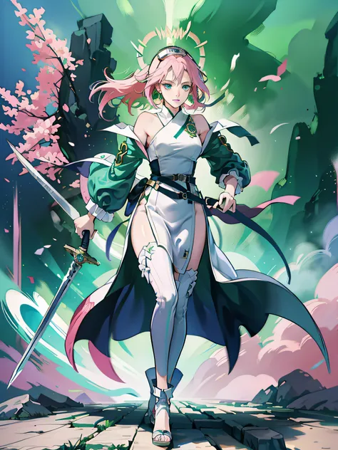 Bleach, Nel Has (3 sword), full body, moving mode, green and pink hair, blue eyes, trending on artstation, deviantart, concept art, trending on artstation, digital painting, digital illustration, extreme detail, digital art, 4k, ultra hd, in Hueco Mondo.