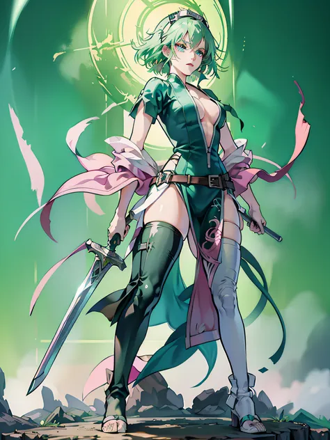 Bleach, Nel Has (3 sword), full body, moving mode, green and pink hair, blue eyes, trending on artstation, deviantart, concept art, trending on artstation, digital painting, digital illustration, extreme detail, digital art, 4k, ultra hd, in Hueco Mondo.