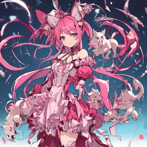 Magenta haired girl, French, long pink hair, wolf ears, wolf tail, magical girl baroque dress, magenta dress, smile, medium breasts, Lycoris, Spider Lily, tall female, mars, Nose, maria cadenzavna eve, mechanical dress, solo, sad, blue eyes, wolf girl