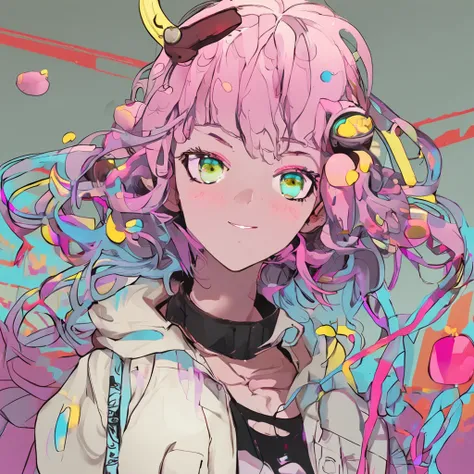 multicolored hair, hair bobbles, Dilated pupils, Hollow eyes, clench ones teeth, Light smile, drunk, Yandere, modern, surrealism, A high resolution, hyper HD, 1080p, ccurate, Masterpiece, 4K