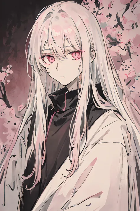 Pale boy with long white hair and pink eyes wearing dark clothes.