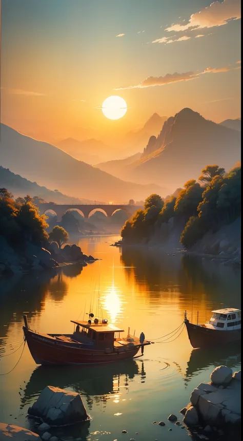 (masterpiece, highest quality, best quality: 1.4), illustration, watercolor, a sunset by the river, orange sun, small Chinese boats in the distance, river bend, wonderful colors, rocks, intense, high contrast, complex illustration