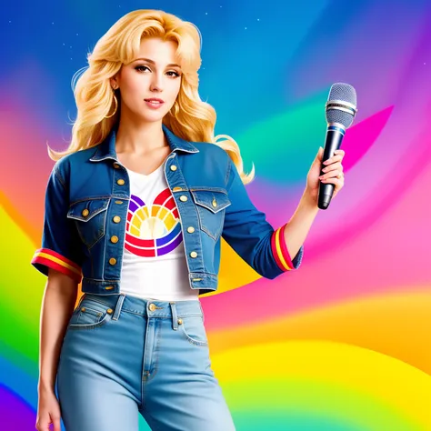 "(Mature and realistic portrayal:1.2) Sailor Moon exuding confidence as she holds a microphone, her blonde hair cascading down, adorned in stylish rainbow denim clothes from the 2000s, with a backdrop filled with donuts."