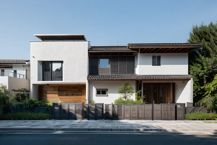 zhu ai_rustic architecture,  modern style, single house, perspective, outdoors, sky,tree, window, blue sky, 
best quality, reali...