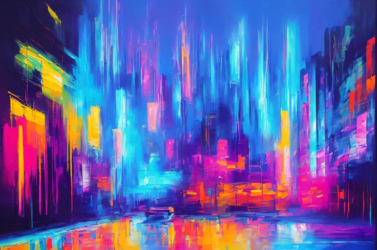 ((abstract painting+modern art+neon lights):1.2+cityscape+night view+dynamic composition+colorful+contrast+impressionistic brushworks)