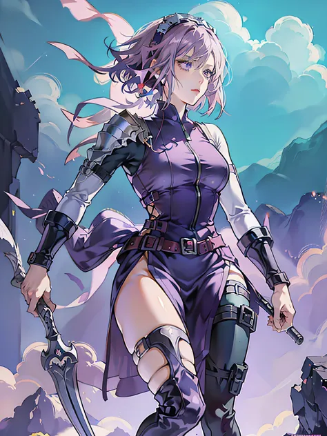 Claymore, Claire, anime, full body, moving mode, short purple hair, purple eyes, trending on artstation, deviantart, concept art, trending on artstation, digital painting, digital illustration, extreme detail, digital art, 4k, ultra hd, in Hueco Mondo.