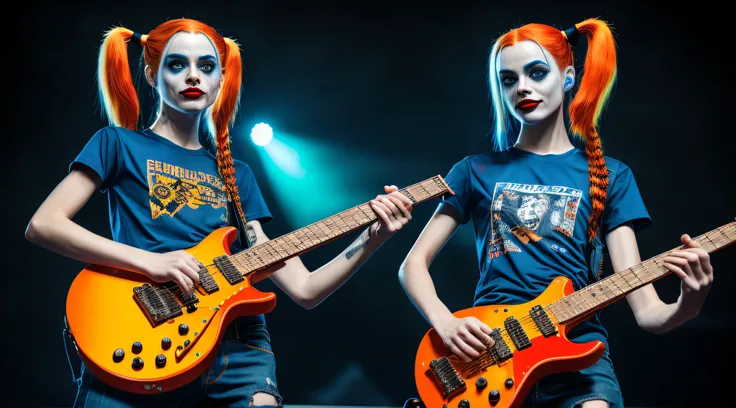 Harley Quinn with long auburn colored hair --- Sun tattoo on the shoulder--- wearing a orange  and Yellow TSHIRT--- playing a blue perfect  ELECTRIC GUITAR on the stage in a concert, dramatic lighting,, blue metal guitar, strat style guitar, , cute face, b...