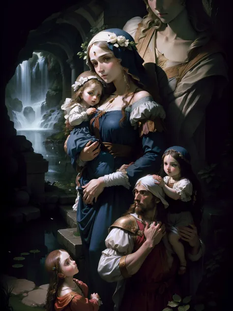 Leonardo Da Vinci water and stone, Madonna and child, deluge, gardens, and artist technique, 64k resolution, photorealism, hyper detail, artistic perfection