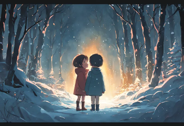 (Mystical magic:1.2), (mysterious:1.1) scene inside a snowy forest, winter cold (small 6yo girl and small 4yo boy) looking at a glowing opening in the forest, (Childrens Book Illustration style), wintry wonderland, (glowing magical lights), A lot of detail...