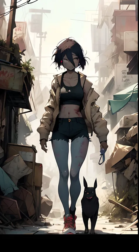 full body zombie woman walking around the city looking for something to eat, abandoned city background, shyness, collarbone, abdominals, fair skin, studio lighting