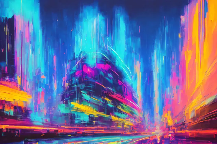 ((abstract painting+modern art+neon lights):1.2+cityscape+night view+dynamic composition+colorful+contrast+impressionistic brushworks)