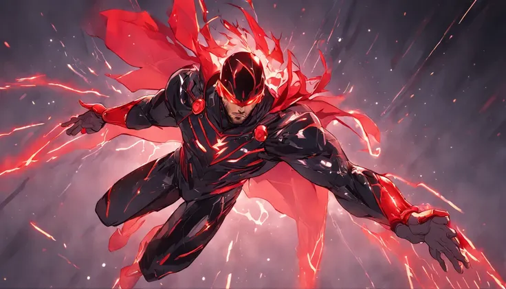 An intricate carbon and red Superhero in a cyber-suit, levitating in the air, extravagant carbon black silk Cape, no helmet, has long hair and a beard lasers red eyes, his super powers are strength and flight and can shoot lightning out of his hands, displ...