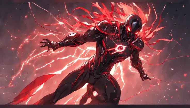 An intricate carbon and red Superhero in a cyber-suit, levitating in the air, extravagant carbon black silk Cape, no helmet, has long hair and a beard lasers red eyes, his super powers are strength and flight and can shoot lightning out of his hands, displ...