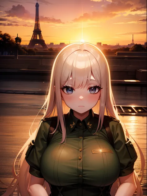 Sunset over the historic city of Paris、Ukrainian female soldier with a melancholy expression on her face、Super super super huge chest、