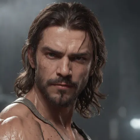 (Professional 3D rendering:1.3) de (Realistic:1.3) Foto de arte mais bonita do mundo，Features soft, bright male heroes, ((Epic hero fantasy rough muscular man wet hero angry look long hair short beard and fierce expression in dynamic pose, fantastic locati...