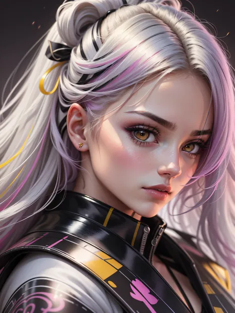 Close up portait beautiful girl, prated hair, yellowish eyes, in modern fighting costume, hyper realistic, pastel colors, complementary colors, soft colors, vibrant colors, dramatic colors, vaporwave, retrowave, black and white, colorfull, artochrome, high...