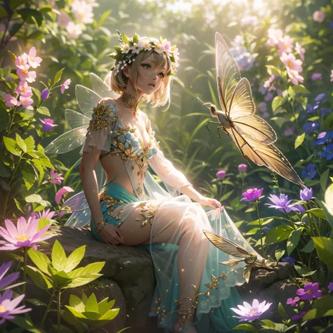 Flower Fairy、Surrounded by flowers、Beautiful girl with transparent wings on her back、When you take off, glowing scales fly、Sitting on a flower、Highly detailed background，Realistic，ultra-detailliert，super detailed skin，light glow，Film grain，Expro II，Lens Fl...