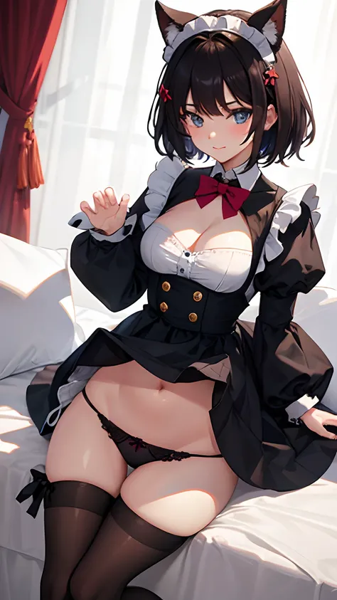 the maid outfit，Lift the hem of your skirt with both hands，The reveal panties，Wear clothes a little underneath，Dont change anything else