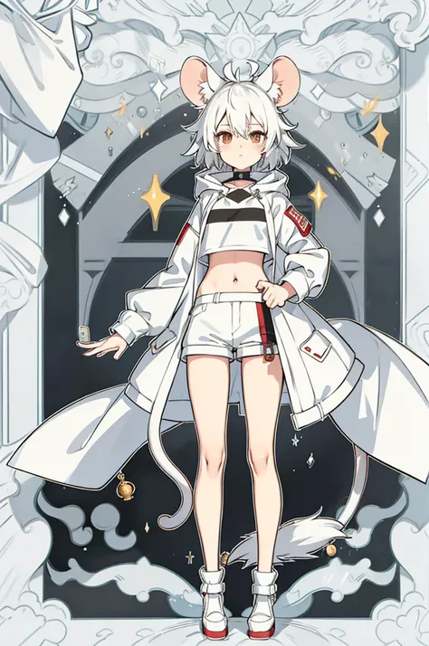 2D Beautiful Girl，a warm color palette，Mouse ears，two tone color hair，White color hair，Crop tops，The character is in the center of the frame，Full body like，Bare legged，Stand up straight，Stand naturally，Heteropupil，leg loops，wind coat，wearing headphone，Rats...