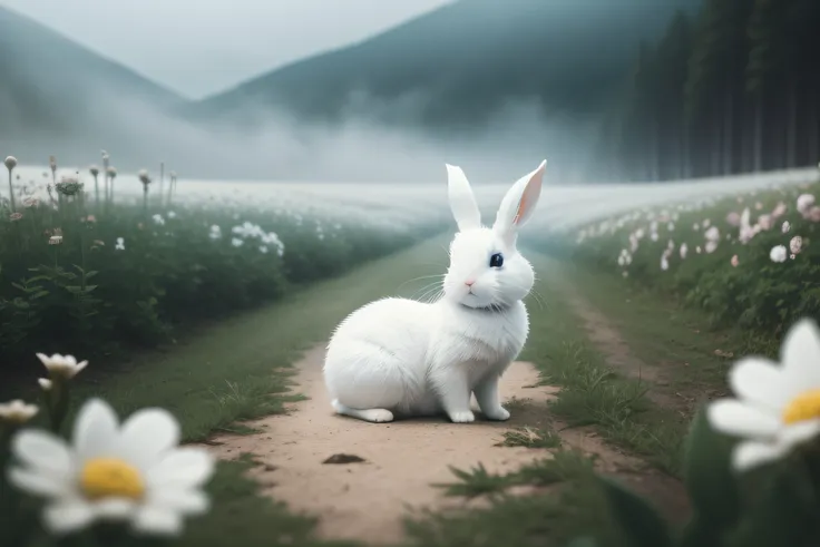 Photo of a little white rabbit lying on a camping chair，clean backdrop，depth of fields，largeaperture，photography of，volume fog，Halo，blooms，Dramatic atmosphere