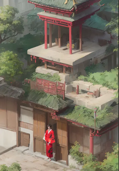 （A young man in a Taoist robe),
（A dilapidated Taoist temple), (Inuyasha style), (red kimono), (fox man with long sliver hair)