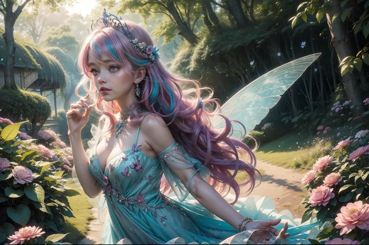 A young fairy in vortex of falling fuchsia flowers and leaves. Butterfly like Wings. She wears a multilayered ruffled dress in light pink transparent fabric with silver embellishments. Long messy wavy hair in teal colour, floral tiara. She is merging from ...