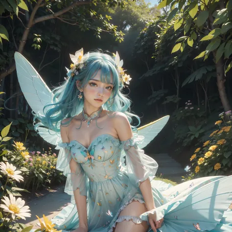 A young fairy in a flowery garden. Butterfly like Wings. She wears a multilayered ruffled dress in light yellow orange transparent fabric with silver and aquamarine embellishments. Long messy wavy hair in teal colour. She is merging from a swirl of multico...