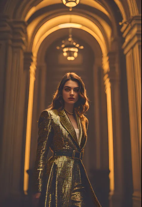 a handsome female, Vittoria Ceretti, Shot Full Body, Платье Alexander McQueen, Tim Burtons style, Dim, Shadow graphics, Unreal engine 5, Cinematic, color corrected, portrait photography, super-wide-angle lens, Depth of field, hyper-detailed, beautifully co...