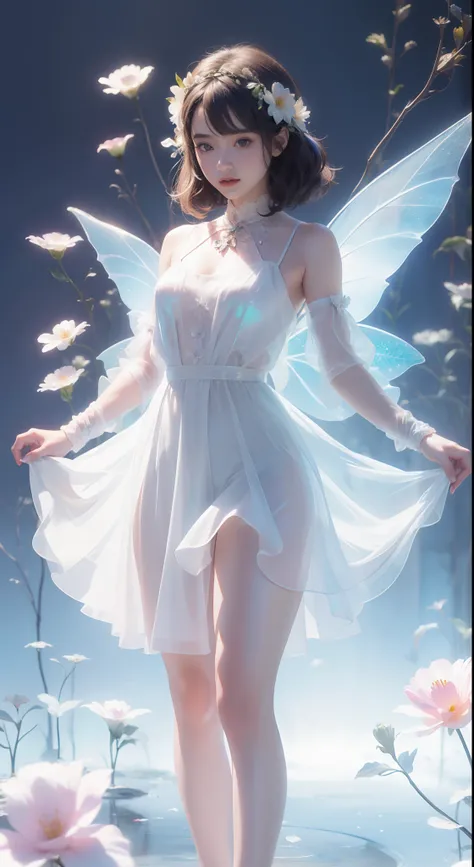 (((A girl))，Long skirt，Irridescent color，(the Flower Fairy)，(Rich colors)，springtime，The Arthur effect, Transparent body, Gradient translucent glass melt, Caustics, transparent glass texture, Irridescent color, Designed by Dietrams, Simple, Glows in high d...