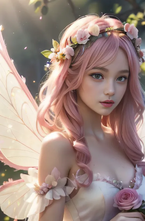 ((Masterpiece:1.3), ((Best Quality:1.4)), (Detailed face), (Detailed hair), (Detailed eyes), (Detailed skin), (Beautiful skin), Attractive, (fantasy themes), (pastel pink hair, Hair shining in the sun), (Beautiful flower fairy, Slim and frail, with cherry-...