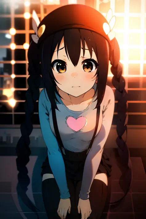 1girl, (((​masterpiece))), top-quality, top-quality, High Details, nakano azusa, 1girl, Twin-tailed, length hair, A dark-haired, brown-eyed, Gray T-shirt.suspenders.a black skirt.illustratio, comic strip, soothing tones, Subdued Color, Soft cinematic light...