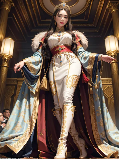 a mature female，Queen temperament，queen，Glamorous，Raised sexy，tmasterpiece，best qualityer，Hyper-detailing，Fine and detailed eyes and detailed face， garments：Wearing royal Han clothes，ancient wind，Wear boots，allure：Tall and tall，Apply lipstick，Tall，haughty、...