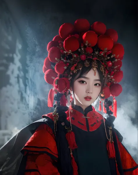 Wearing a red and black dress，Arad woman in a red hat, Palace ， A girl in Hanfu, Hanfu, Chinese costume, a beautiful fantasy empress, Traditional beauty, portrait shooting, with acient chinese clothes, China Princess, Traditional Chinese clothing, inspired...