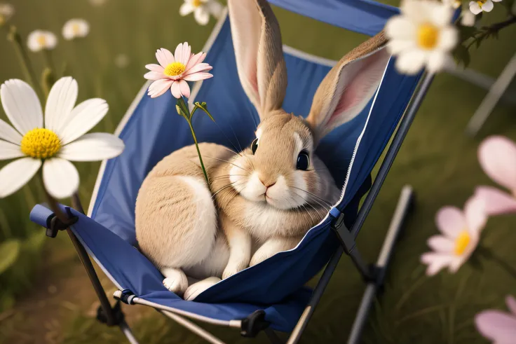 Photo of a little rabbit lying on a camping chair，Aerial overhead shot，clean backdrop，depth of fields，largeaperture，photography of，volume fog，Halo，blooms，Dramatic atmosphere