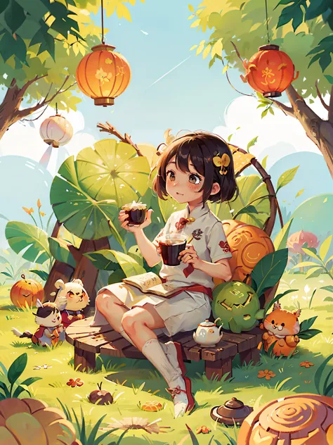 Mid-Autumn Festival illustration，Mooncake tea，Splashes，leafs，edgBunny