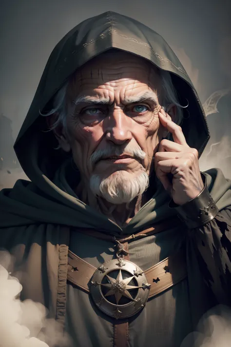 old man from medieval times, in torn hood, face with sinister and mysterious look, asking for hush and hush, gesturing with finger in front of mouth, saying shh or keeping a secret,