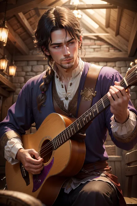 Generate a photorealistic image of a handsomely attired musician, adorned in medieval garments with selective purple tones, captivatingly performing in a rustic tavern setting. Illuminate the scene with natural light to evoke an authentic ambiance. Emphasi...