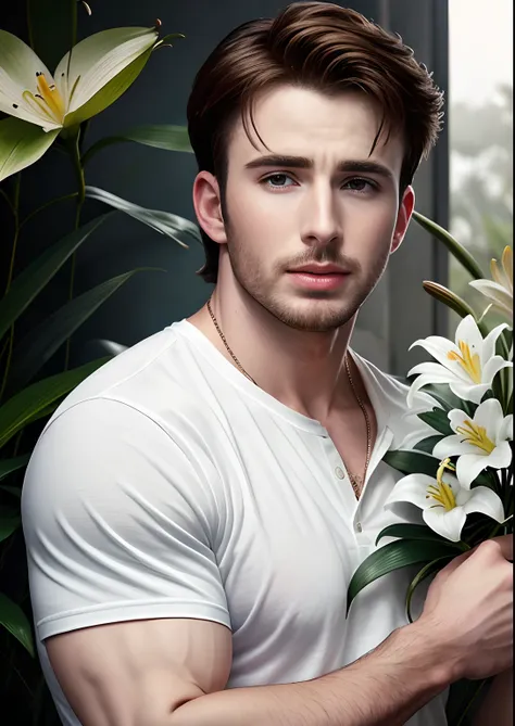 Chris Evans aos 20 anos bonito, cabelo curto, hair messy, paquerador, provocante, camisa preta, holding a lily, atmosfera, 8K, foto real, (autenticidade: 1.3) fotorealista