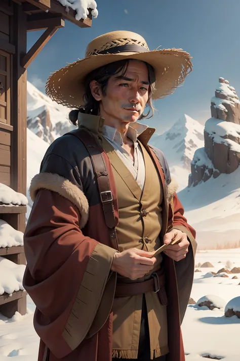 Middle-aged Han male wearing a straw hat in a snowy mountain