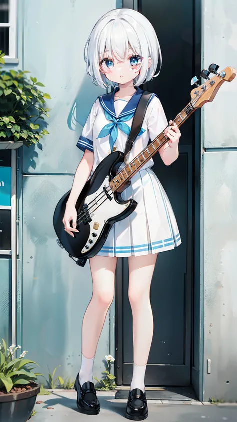 Holding a bass playing bassist, a girl standing on the street, white short hair, blue eyes, short sleeves, sailor suit, blue pleated skirt, handsome