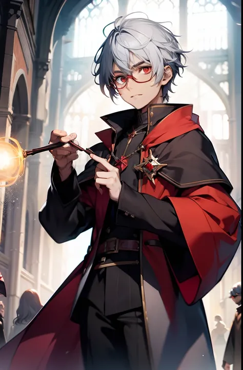 A young wizard with silver hair and vibrant red eyes, donning spectacles, casting a captivating spell.