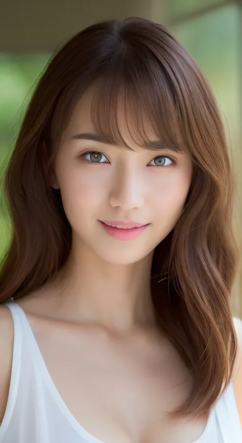 ((top-quality、8K、​masterpiece:1.3))、1girl in、Slim Abs Beauty:1.3、(Hairstyles Brown Hair Shortcuts、Colossal tits:1.2)、doress:1.1、Super fine face、Delicat eyes、二重まぶた、A smile、Home、Raw photo、Tank Tops、tits out、Sharp Eyebrows、japanes、cleavage of the breast、Slend...